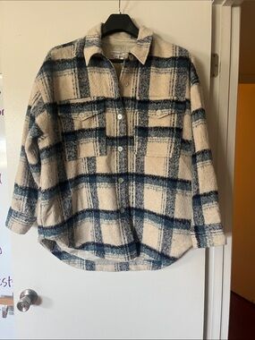 Good American Cream and Blue Plaid Utility Jacket
